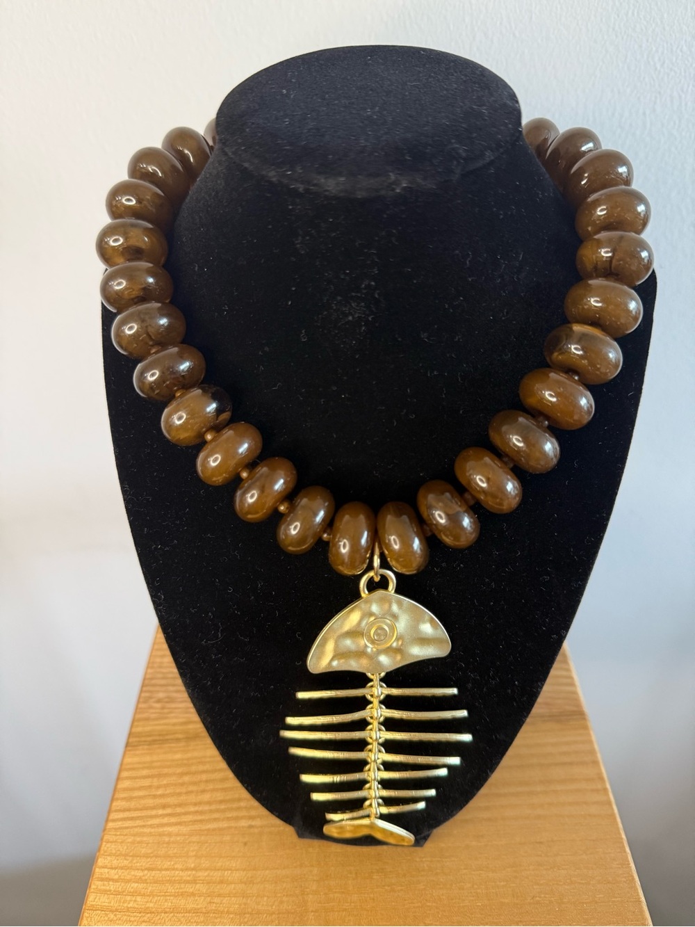 Handcrafted Brown Bead Necklace with Gold Fishbone Pendant
